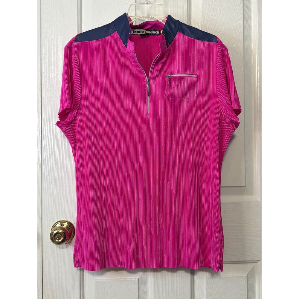 Jamie Sadock Pink Plisse Pleated Golf Shirt Navy Trim Quarter Zip Top Womens L